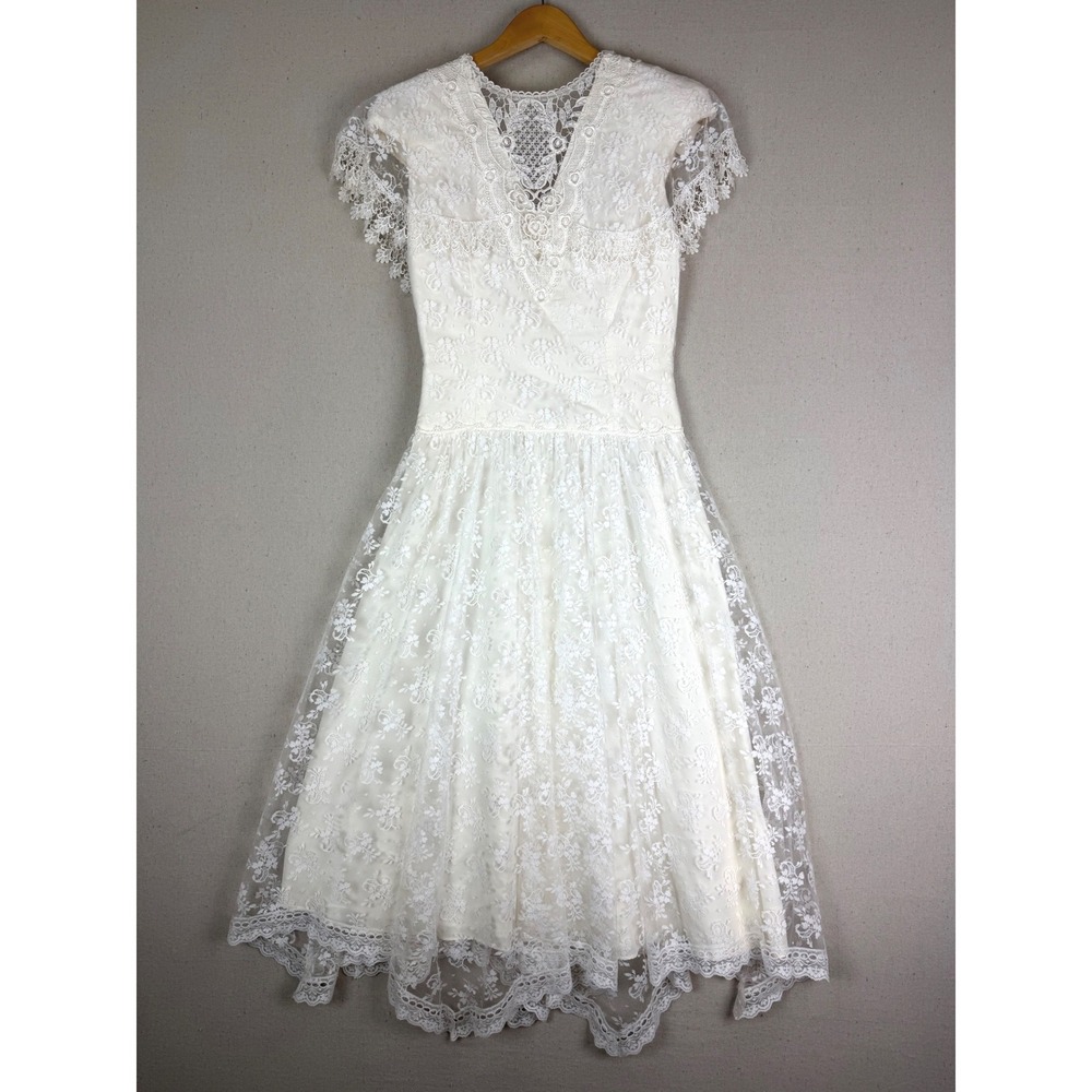 Scott McClintock White Floral Lace Midi Dress Short Wedding Vintage Full Skirt 6